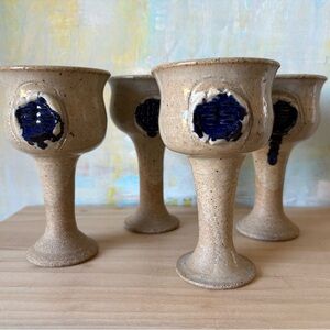 Vintage Stoneware Goblets with Beige and Navy Accents